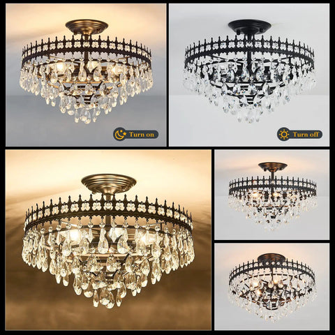 5-Light Modern Crystal Chandeliers Dope Matte Black Semi-Flush Mount Ceiling Light Fixture with sparkling crystal accents