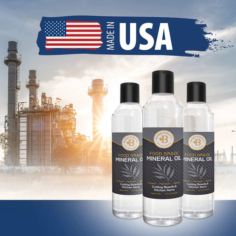 Food Grade Mineral Oil For Wood Cutting Boards And Utensils, 16 oz Butcher Block Oil Conditioner bottles with Made in USA text.