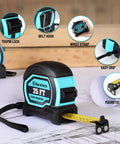 Magnetic Tape Measure 25 Ft With Fractions 1/8 Inch, retractable with dual-sided measurements, magnetic hook on blueprint table.