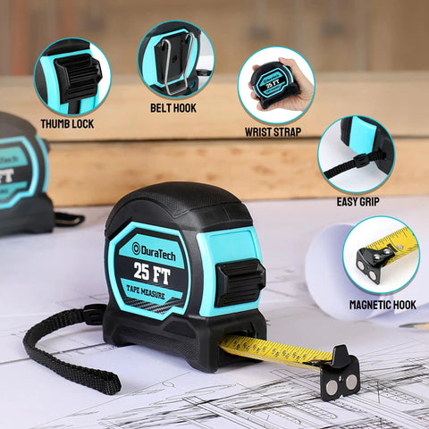 Magnetic Tape Measure 25 Ft With Fractions 1/8 Inch, retractable with dual-sided measurements, magnetic hook on blueprint table.