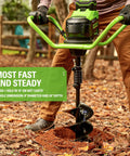 Person using 80V Brushless Earth Auger And Post Hole Digger With LED Work Lights Quiet Yet Powerful Gas Equivalent Torque 210 RPM Forward 50 RPM Reverse 59 Ft Lbs Heavy Duty Digging For DIY And Farm Use Auger Bit And Battery And Charger Sold Separately on autumn leaves.