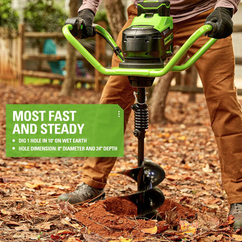 Person using 80V Brushless Earth Auger And Post Hole Digger With LED Work Lights Quiet Yet Powerful Gas Equivalent Torque 210 RPM Forward 50 RPM Reverse 59 Ft Lbs Heavy Duty Digging For DIY And Farm Use Auger Bit And Battery And Charger Sold Separately on autumn leaves.