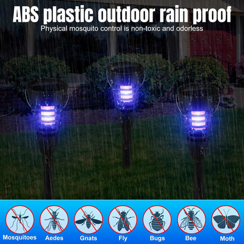 Three 4 Pack Solar Mosquito Zapper And Cone Light Outdoor Bug Killer Waterproof Hanging Or Insertion Design glowing in rain