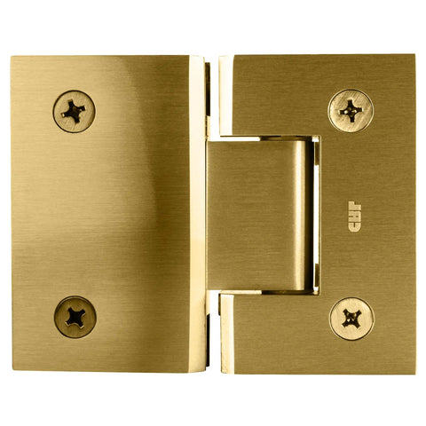Satin Brass Geneva 180 Series Glass To Glass Standard Hinge With Self Centering Reversible 5 Degree Pivot Pin, front view