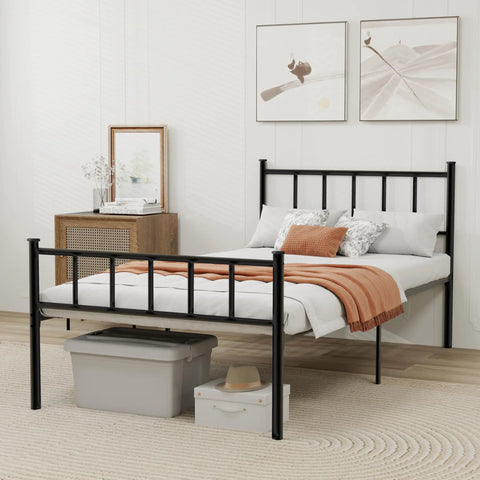 Built Tough Twin Metal Platform Bed Frame Featuring Heavy Steel Slats And Smart Underbed Storage For Zero Creak Peace Of Mind And Rock Steady Support In Glossy Black in a modern bedroom setting.