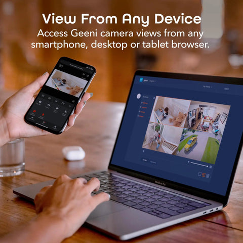 Person using laptop and phone to view 1080P Security Camera With 24 Seven Live Streaming And Pan Tilt Zoom, Motion Detection
