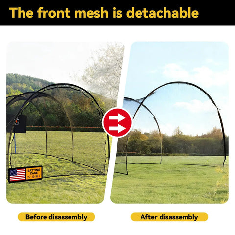 Backyard Baseball Batting Cage 22 Ft Portable With Heavy Duty Net Durable 4 Layer Polyester, before and after front mesh removal.