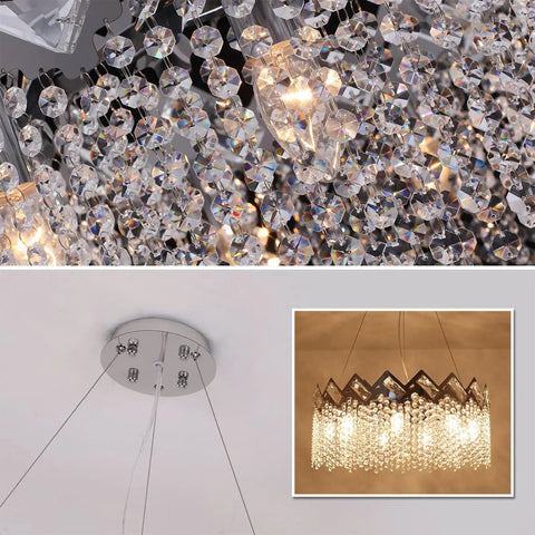 Close-up of Dope Modern K9 Crystal Chandelier with Nine Lights, chrome finish, raindrop pendant, and adjustable chain.