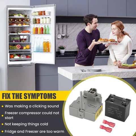Couple in kitchen with Refrigerator Start Relay And Run Capacitor Kit TSD2 W10662129 Replacement For Easy Install