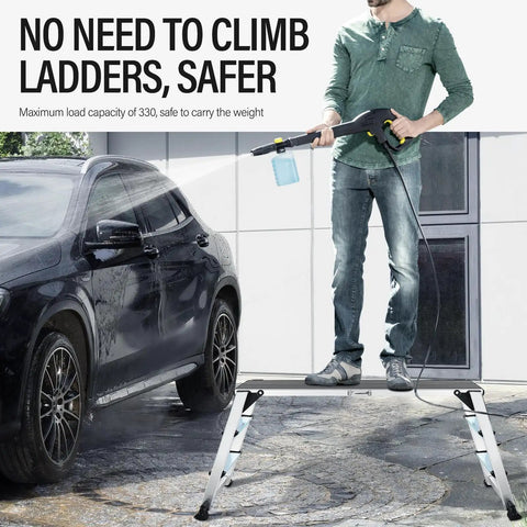 Boss Level Heavy Duty Aluminum Work Platform Folding Step Ladder With Non Slip Surface And Safety Lock Built To Last For Washing Cars Cleaning And Painting 45 Inch By 12 Inch By 27 Inch, man washing car