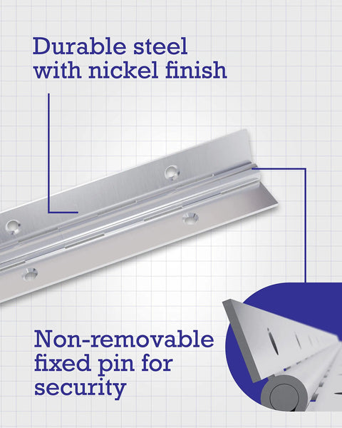 Rock Solid Stainless Steel Continuous Pin Hinge 30 X One Point Five Inch with durable steel and non-removable fixed pin for security.