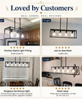 Review collage featuring Black Industrial Kitchen Island Light With 3 Light Linear Cage Chandelier in various settings.