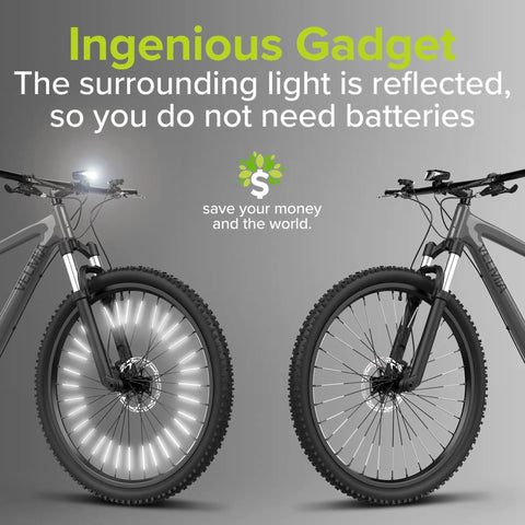 Two bikes with spoke reflectors showing Bike Spoke Reflectors For Night Riding With 360 Degree Visibility Easy Mounting 3M Scotchlite Reflective Material German Made Quality For Safer Rides On City Roads And Trails.