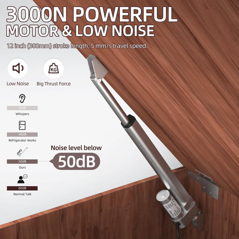 Beefy 12V Linear Actuator With 12 Inch Stroke 660Lb Capacity installed on wooden panel, highlighting low noise and strong motor.