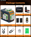Green Laser Level With Three 360 Degree Coverage, Twelve Line Self Leveling, Bluetooth App Remote, Pulse Mode For Receiver, Accurate To One Eighth Inch At Thirty Three Feet, Dual Li Ion Batteries USB C, One Quarter Inch Mount, IP54 Case contents including laser device, case, batteries, and accessories