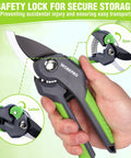 8.5 Inch Bypass Pruning Shear For Easy Yard Work with safety lock, dual blades, green handle, showcased in hand