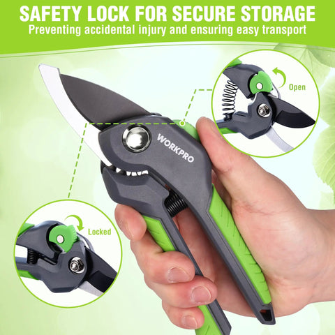 8.5 Inch Bypass Pruning Shear For Easy Yard Work with safety lock, dual blades, green handle, showcased in hand