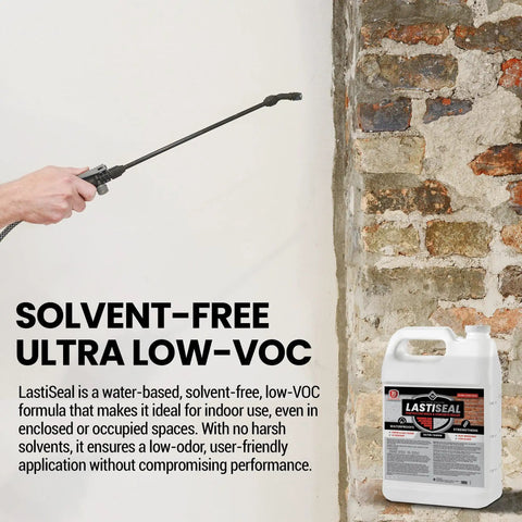 Rock Solid Deep Penetrating Brick And Concrete Sealer spray application on brick wall, showing solvent-free features and low-VOC formula.