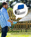 Man using hose with image of Two Pack One Half Inch Mini Ball Valve Set In 304 Stainless Steel With NPT Female To Male Thread Shutoff Valves