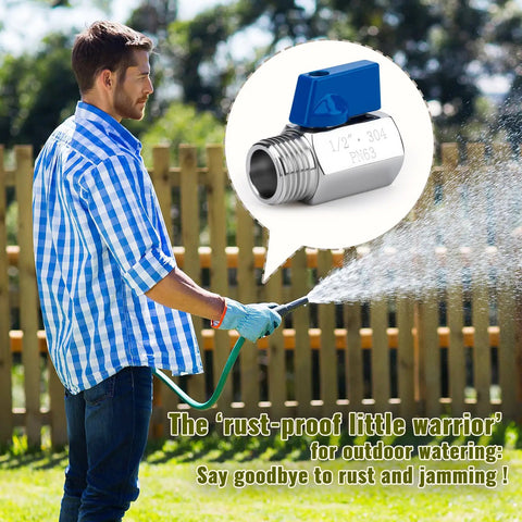 Man using hose with image of Two Pack One Half Inch Mini Ball Valve Set In 304 Stainless Steel With NPT Female To Male Thread Shutoff Valves