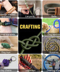 Various uses of Tough As Nails Paracord Rope 750 Lb Tensile Strength 4Mm including bracelets, belts, dog leashes, and key chains.