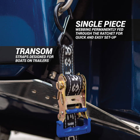 Rear Transom Boat Trailer Straps Ratchet Tie Downs 1.5 Inch By 4 Foot Heavy Duty Pair With PVC Hooks For Trailered Boats Pontoons And Jetskis 3,300 Lbs Break Strength Made In New Zealand securing a boat on a trailer