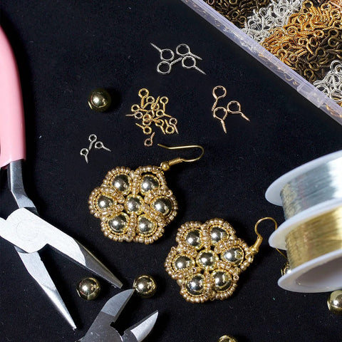 Jewelry making tools with beaded earrings and 600 Pieces Screw Eye Pins Hooks Set in 6 Colors and 3 Sizes for DIY crafts