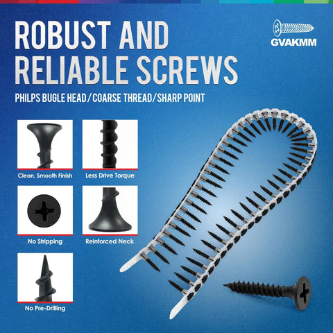 Heavy Duty Drywall To Wood Screws, Size 6 By 1-5/8 Inch Collated Fasteners, 1000 Count in plastic strip, showing bugle head and coarse thread design.