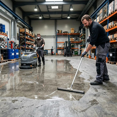 Men applying Heavy Duty Penetrating Concrete Sealer And Hardener For Garage Driveways And Basements in a warehouse setting.