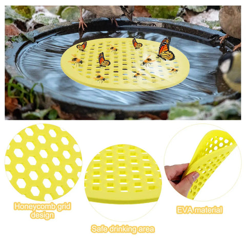 Four Pack Floating Bee Watering Station 7.87 Inch Island Float Tray with honeycomb design and EVA material in use.