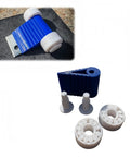 Foolproof Mower Blade Sharpening Jig No Sweat Two Piece Kit Rock Solid Roller Bearing Design Compatible With Walk Behind Machines with blue and white parts