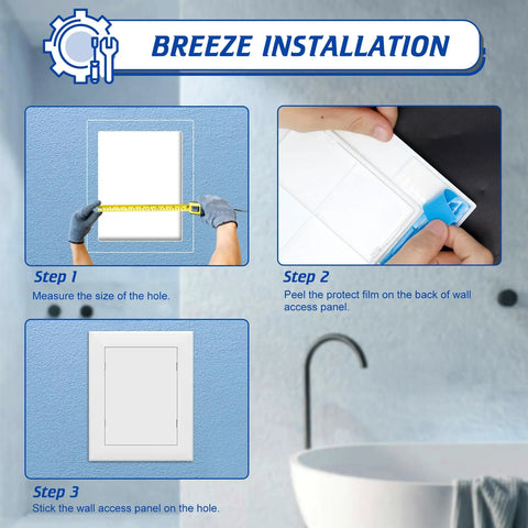 Breeze installation steps for No Drama Peel And Stick Drywall Access Panel 5 x 7 Inch Heavy Duty Plastic Plumbing Hole Cover.
