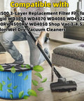 Person vacuuming living room with Shop Vac, featuring Two Pack VF3500 Beefed Up Three Layer Replacement Filter in foreground.
