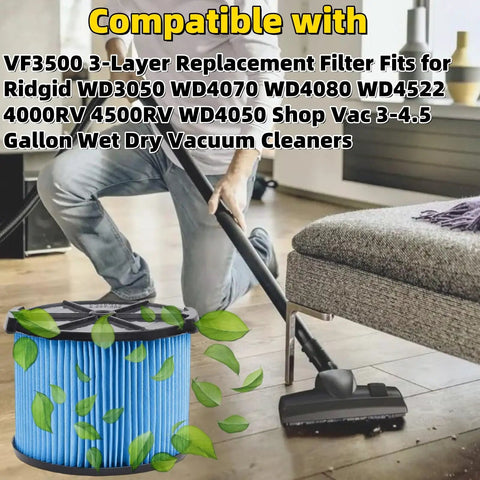 Person vacuuming living room with Shop Vac, featuring Two Pack VF3500 Beefed Up Three Layer Replacement Filter in foreground.