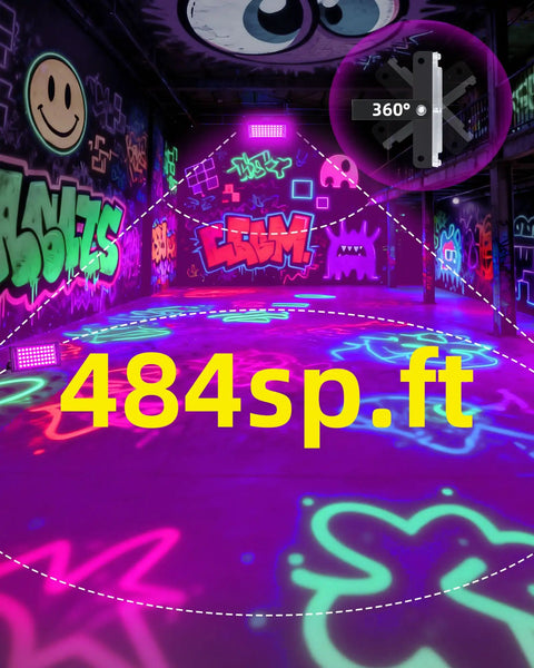 Beefed Up 120W LED Blacklight Flood Light illuminating neon graffiti in a 484 sq. ft. room, showcasing vibrant UV glow effects.