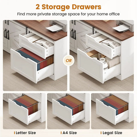 L Shaped Standing Desk With Storage Drawers And Power Outlets, open drawers showing letter, A4, and legal file storage