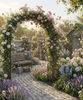 Flower-covered archway in garden with cobblestone path, featuring Sturdy Garden Arbor Arch For Climbing Plants With Durable PE Coated Metal Frame Measuring Seven Point Nine By Three Point Nine Feet Wide Yard Trellis For Vines Outdoor Decor For Weddings Halloween And Christmas Black Finish Includes Ground Stakes