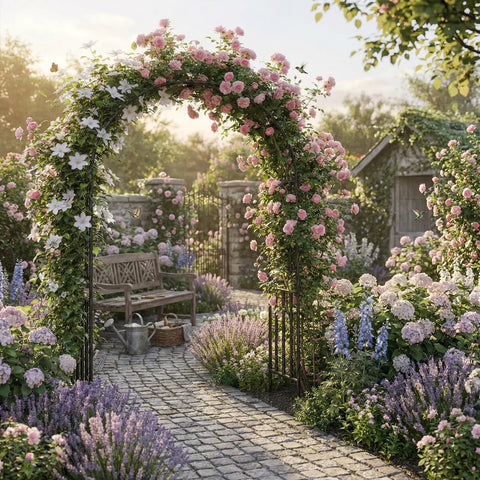 Flower-covered archway in garden with cobblestone path, featuring Sturdy Garden Arbor Arch For Climbing Plants With Durable PE Coated Metal Frame Measuring Seven Point Nine By Three Point Nine Feet Wide Yard Trellis For Vines Outdoor Decor For Weddings Halloween And Christmas Black Finish Includes Ground Stakes
