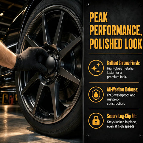 Four Pack Slick Wheel Center Caps Featuring Straight Forward Snap In Fit And Rust Proof Abs Build With Polished Chrome Rings to fit performance wheels.