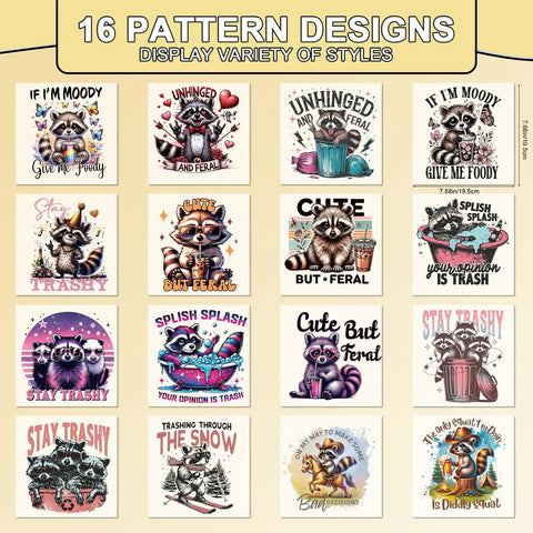 Sixteen Cute Raccoon Iron On Patches For T Shirts Bags And More Ready To Press Heat Transfer Vinyl Stickers Set For DIY Clothing Home Decor And Fabric Projects