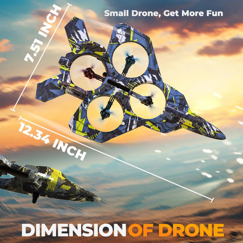 Kid Friendly RC Plane With LED Lights And EPP Foam Body Easy To Fly Remote Control Airplane 360 Degree Flip Stunts Altitude Hold Safe Prop Guards Beginner Friendly Toy Jet For Boys And Girls in flight showing dimensions 12.34 by 7.51 inches.