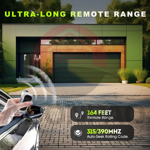 Two Pack G3T R Garage Door Remote Replacements For Genie And Overhead Door Openers showing 164 ft remote range in use