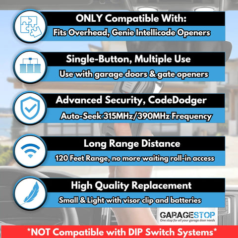 Image showing compatibility and features of One Button Intellicode Garage Door Remote For G1T-BX 38501R Replacement.