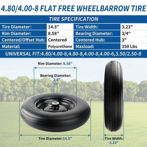 Flat Free 4.80/4.00-8 Tire And Wheel For Wheelbarrows Hand Trucks Carts And More, front and side view with dimensions.