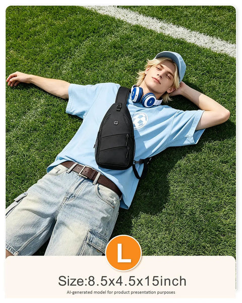 Person reclining on grass with Crossbody Sling Bag For Women And Men With Convertible Shoulder Strap Casual Travel Chest Pack Built For Hiking And Outdoor Adventures Lightweight Everyday Carry For Work School And Weekend Getaways Black