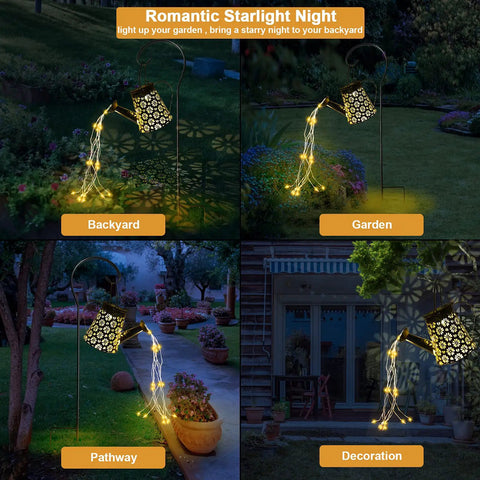 Solar Watering Can Fairy Lights Outdoor Garden Decor Waterproof Lawn Lamp With Star Shower Twinkling LED Lights For Walkway Patio Yard Vibes Bracket Included illuminating garden scenes at night.