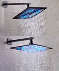 UMJIGF Shower System Black Led Digital Display Shower Faucet Set with Waterfall Tub Spout, 10 inch LED shower head in use.
