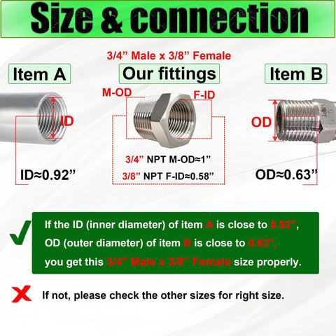 Two Pack 304 Stainless Steel Reducer Bushing Three Quarter Inch Male To Three Eighths Inch Female NPT Pipe Fitting Adapter Connector For Plumbing And Tubing Built To Last Heavy Duty Stainless Steel size chart