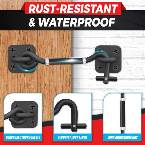 Adjustable 6 To 10 Inch Cabin Hook Eye Latch Gate With Heavy Duty 4 Point Bracket installed on wood door