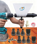Portable Electric Grout Gun For Tile And Masonry Pointing Workhorse With Nine Nozzles shown with attachments and drill.